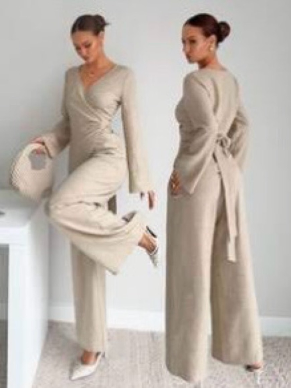 Women's Wrap Front Wide-Leg Jumpsuit - Beige